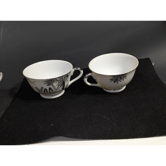 Vintage Hayasi Kutani Metallic Silver Mt Fuji Footbridge Teacups , Set of 7 - Picture 6 of 9